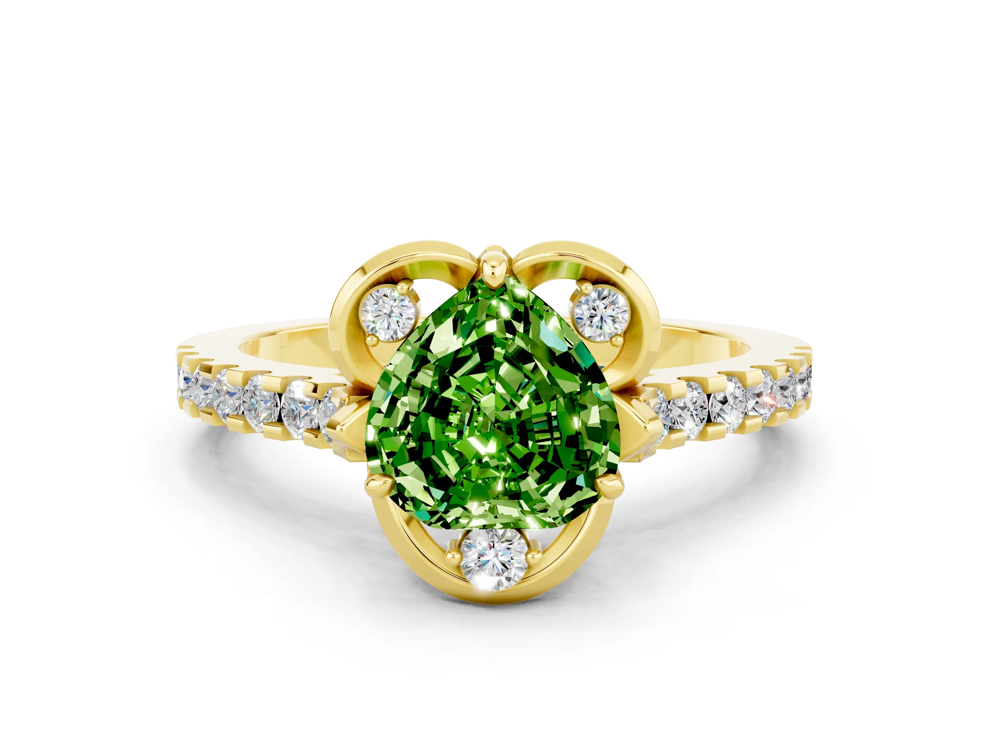 Yellow gold Heart Cut Peridot Ring with Pavé Band and Floral Prong Setting
