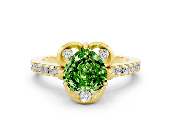 Yellow gold Heart Cut Peridot Ring with Pavé Band and Floral Prong Setting