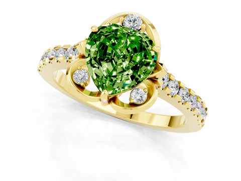 Yellow gold Heart Cut Peridot Ring with Pavé Band and Floral Prong Setting_1