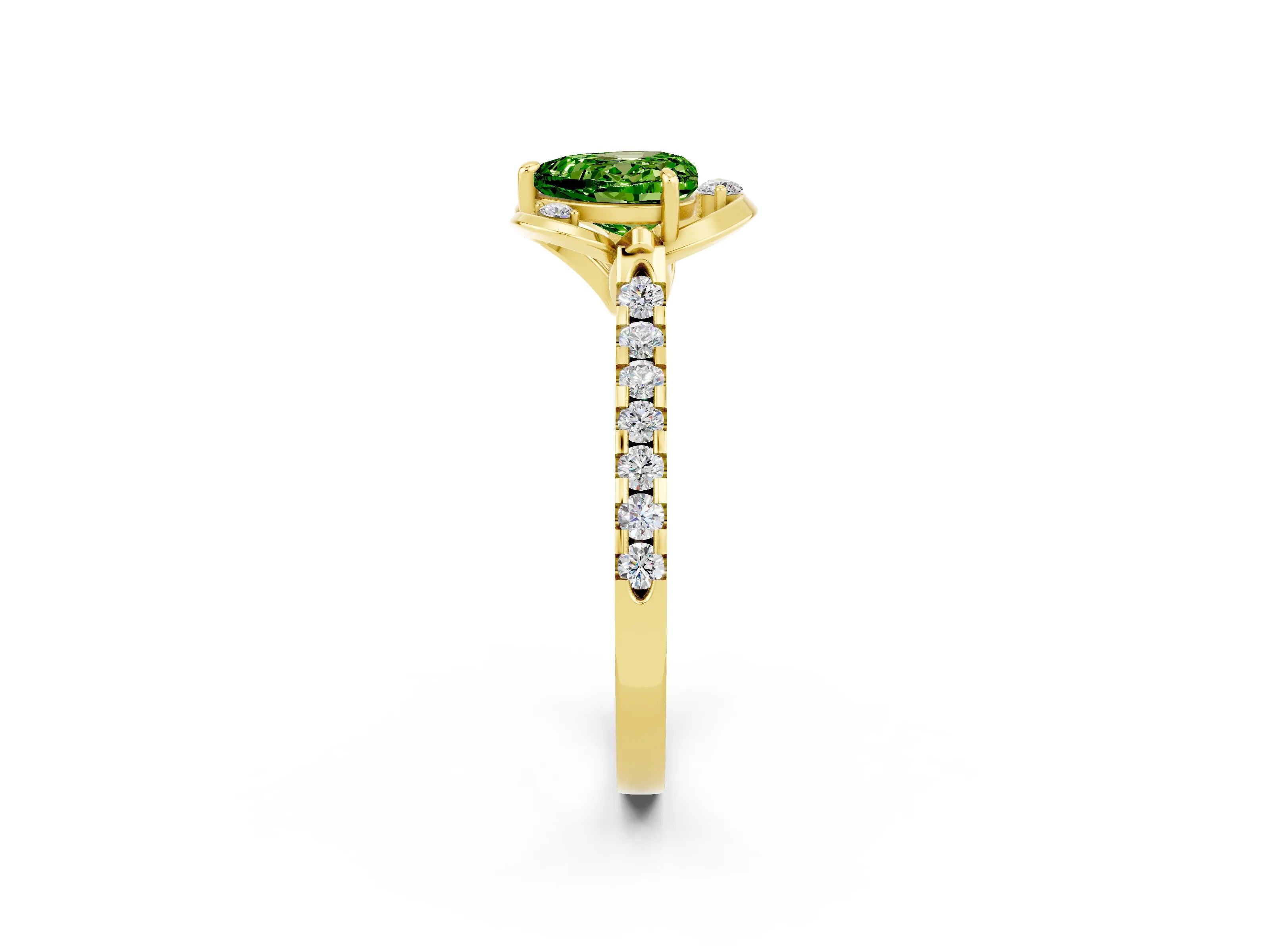 Yellow gold Heart Cut Peridot Ring with Pavé Band and Floral Prong Setting_2