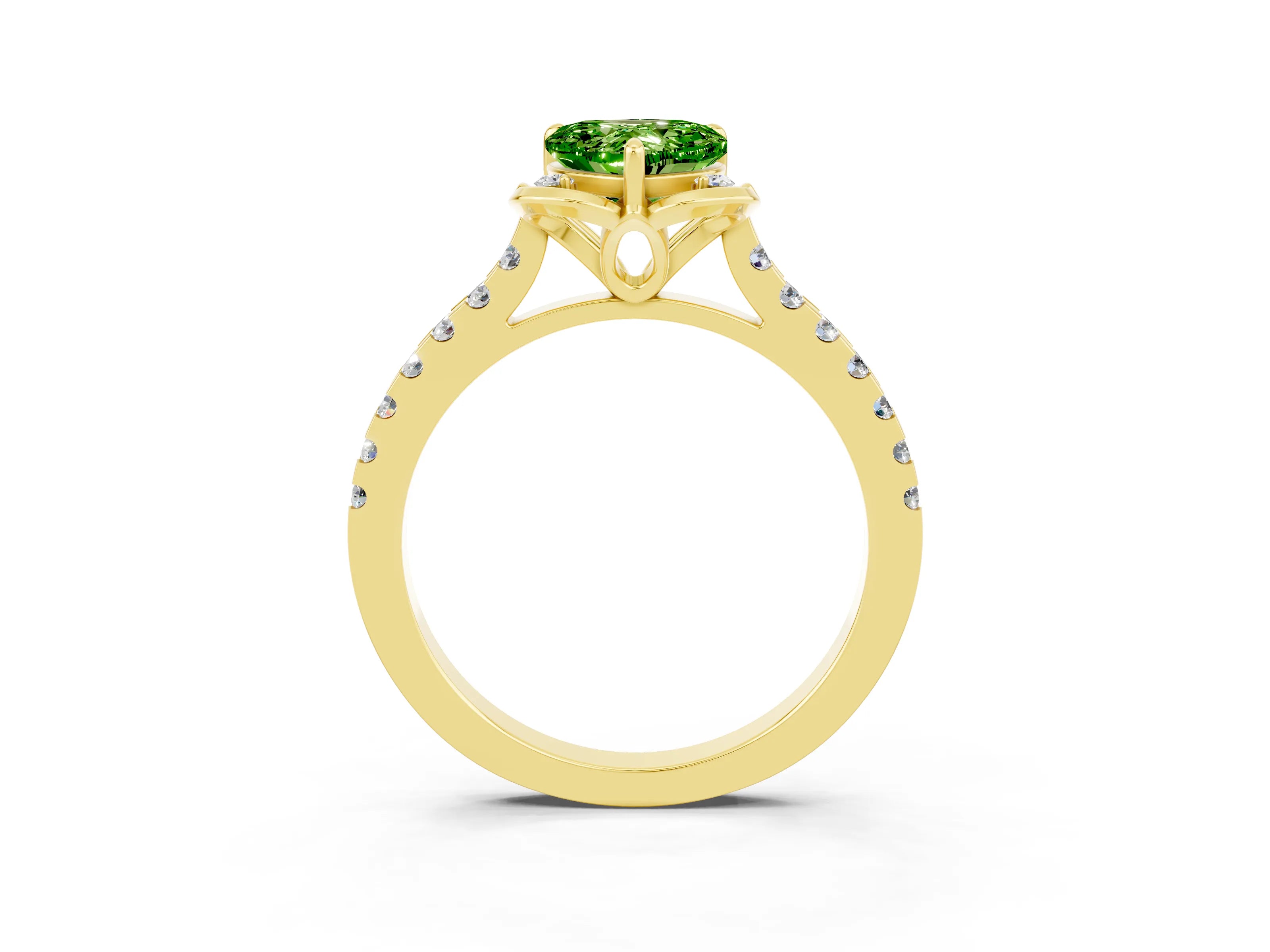 Yellow gold Heart Cut Peridot Ring with Pavé Band and Floral Prong Setting_3