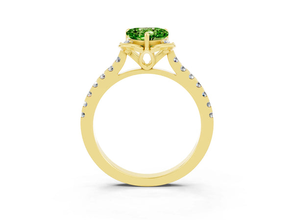 Yellow gold Heart Cut Peridot Ring with Pavé Band and Floral Prong Setting