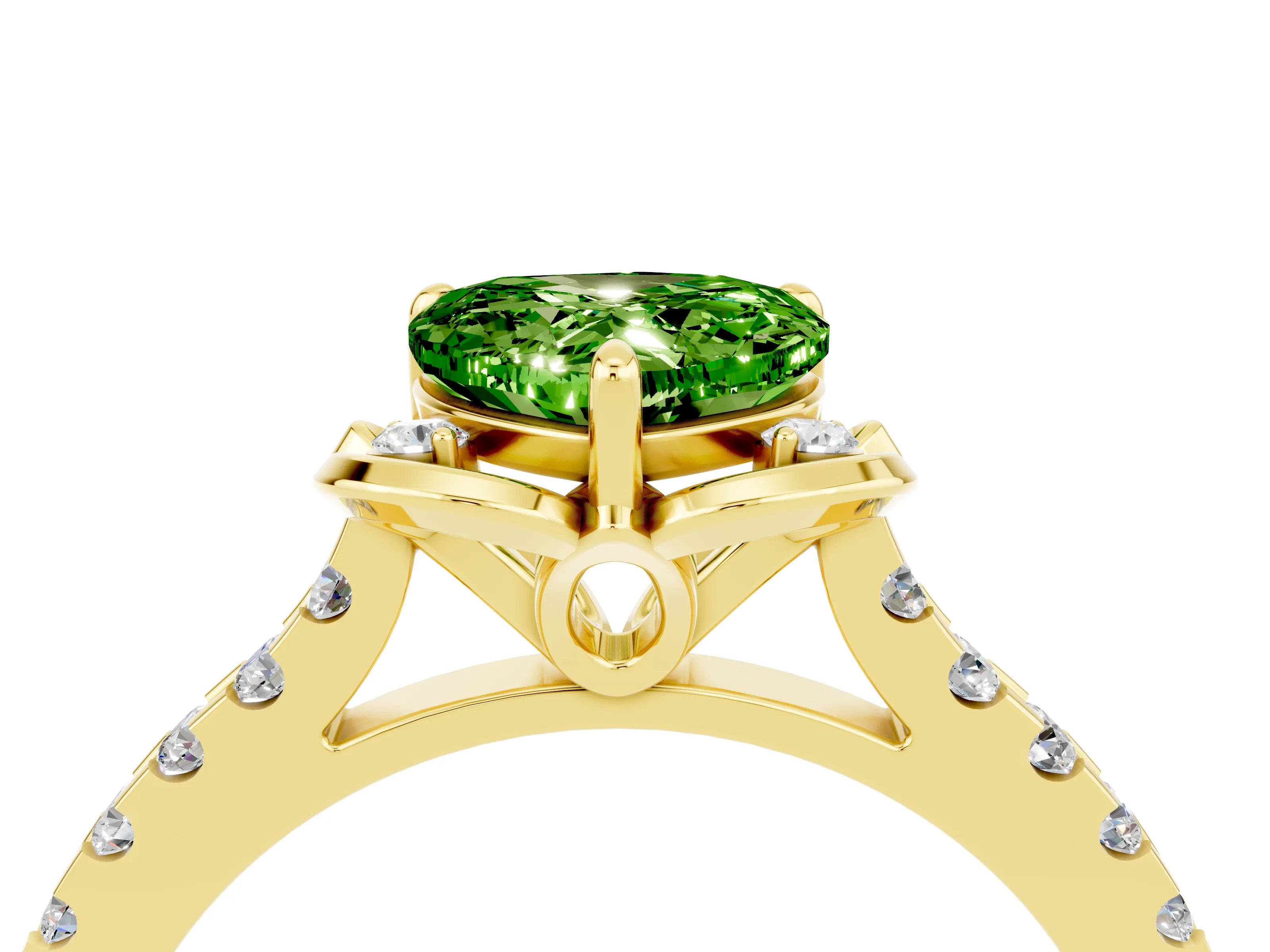 Yellow gold Heart Cut Peridot Ring with Pavé Band and Floral Prong Setting_4