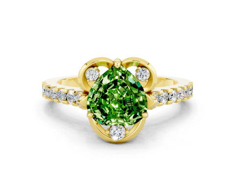 Yellow gold Heart Cut Peridot Ring with Pavé Band and Floral Prong Setting