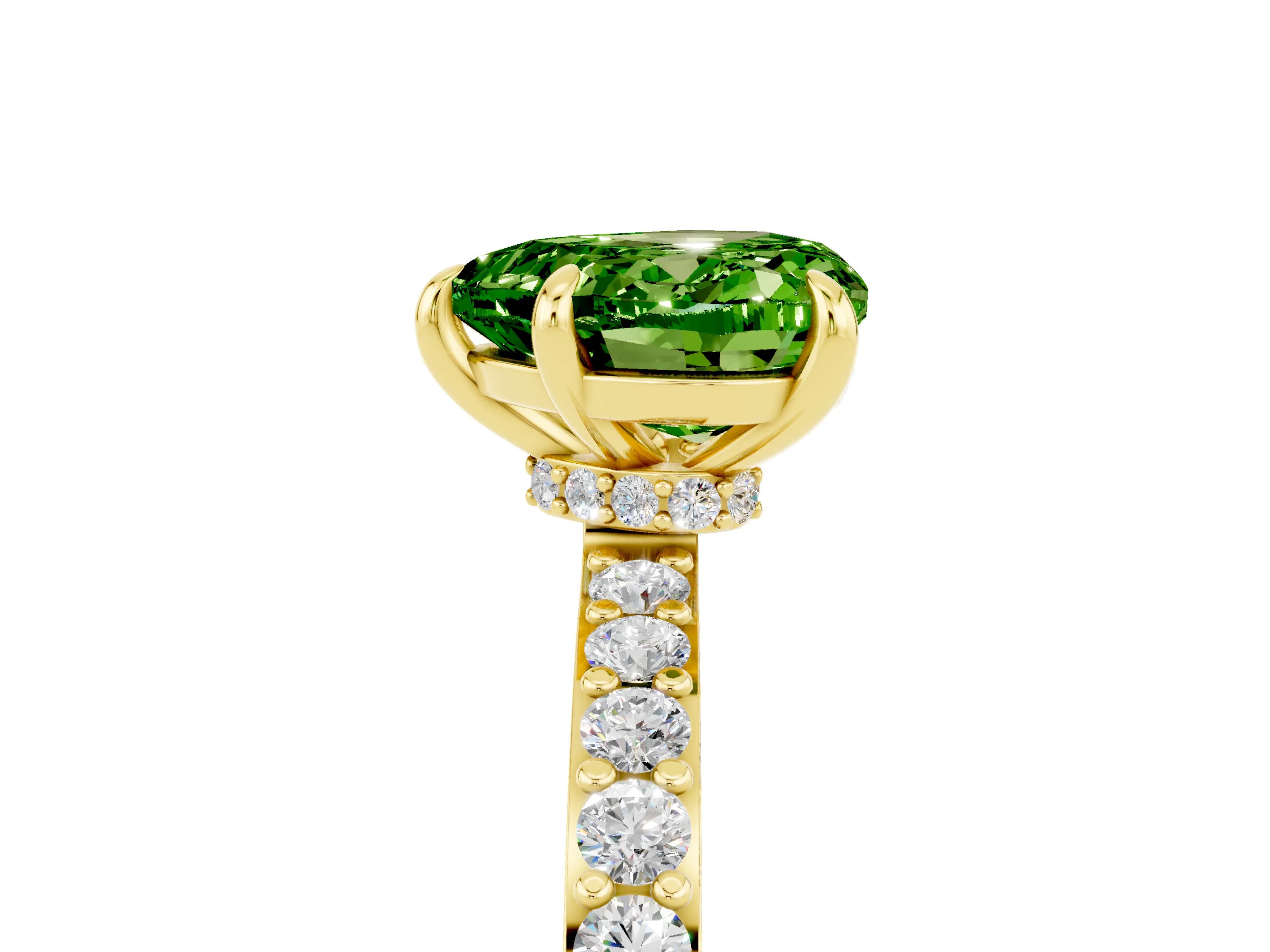 Yellow gold Heart Cut Peridot Ring with Pavé Band and Four-Prong Setting_5