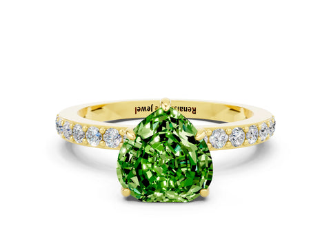 Yellow gold Heart Cut Peridot Ring with Pavé Band and Four-Prong Setting