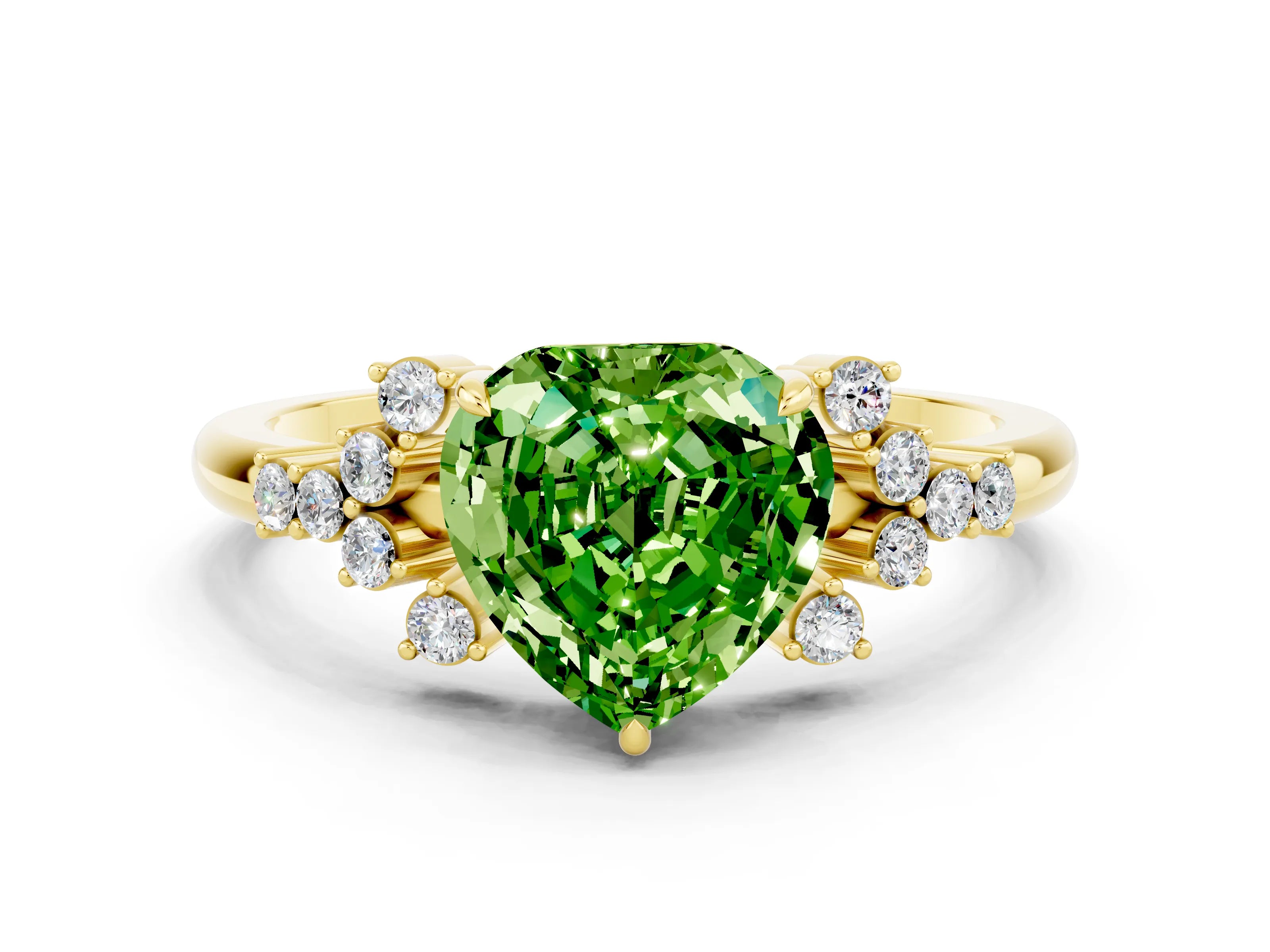 Yellow gold Heart Cut Peridot Ring with Side Stones and Four-Prong Setting_36