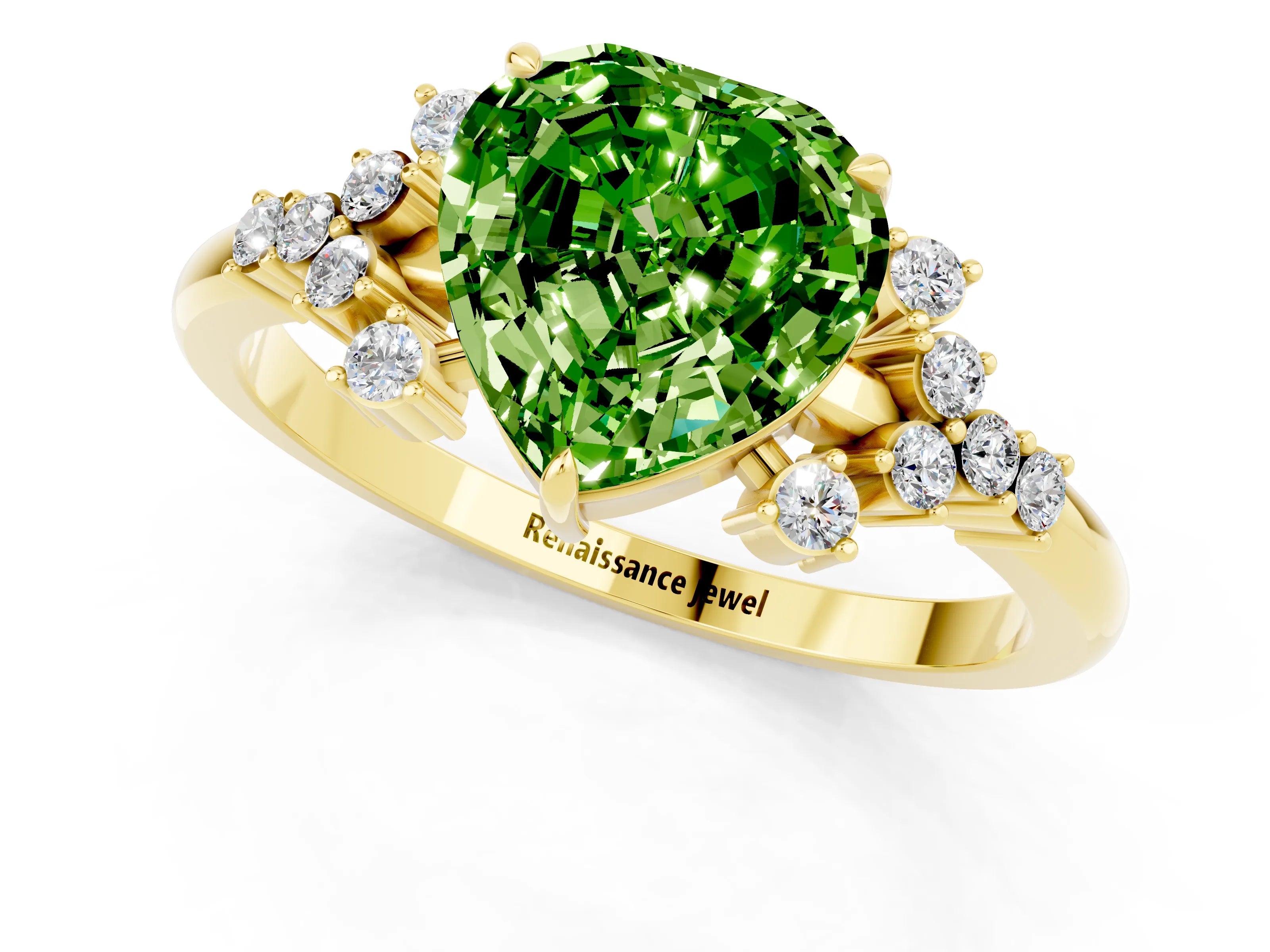 Yellow gold Heart Cut Peridot Ring with Side Stones and Four-Prong Setting_37