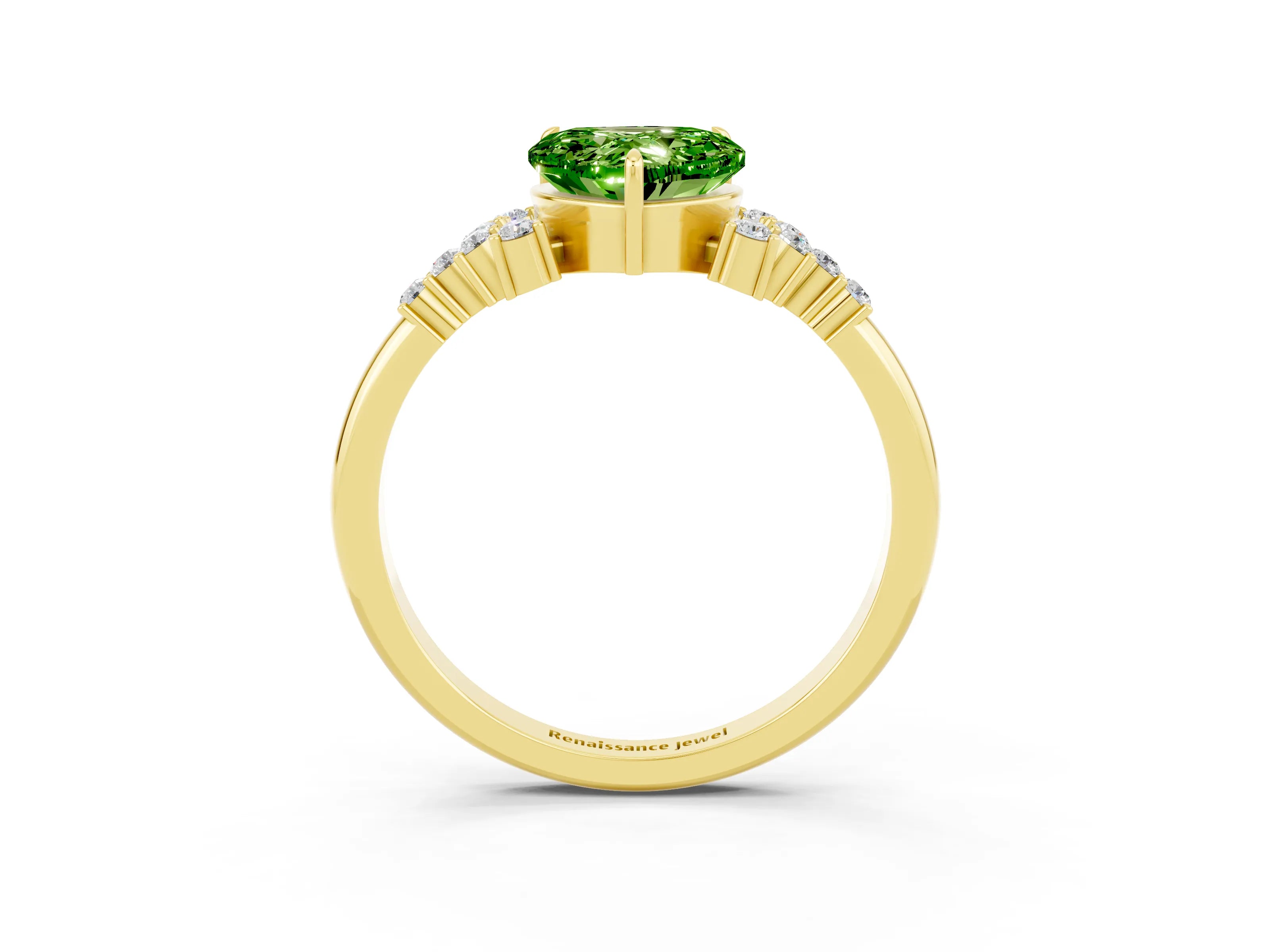 Yellow gold Heart Cut Peridot Ring with Side Stones and Four-Prong Setting_39