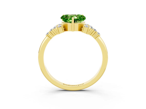 Yellow gold Heart Cut Peridot Ring with Side Stones and Four-Prong Setting