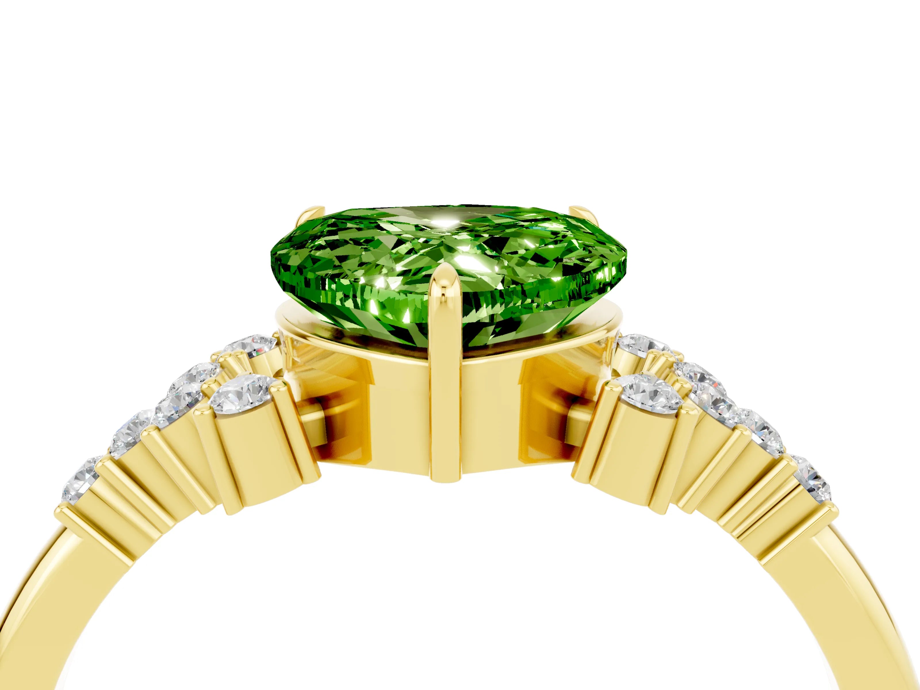 Yellow gold Heart Cut Peridot Ring with Side Stones and Four-Prong Setting_40