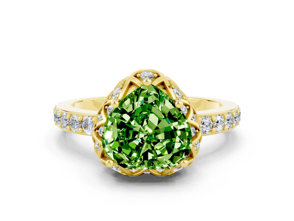 Yellow gold Heart Cut Peridot Scalloped Halo Engagement Ring with Round Shared Prong Band