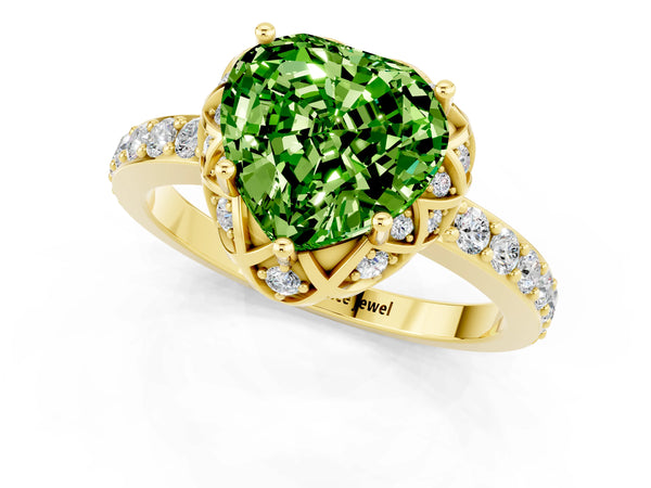 Yellow gold Heart Cut Peridot Scalloped Halo Engagement Ring with Round Shared Prong Band