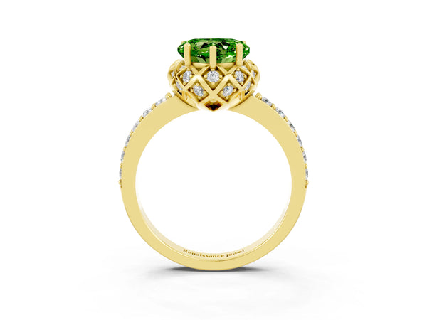 Yellow gold Heart Cut Peridot Scalloped Halo Engagement Ring with Round Shared Prong Band