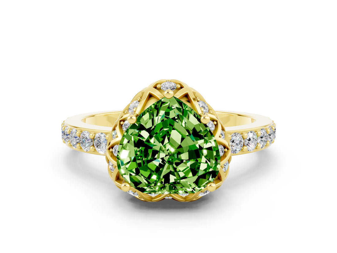 Yellow gold Heart Cut Peridot Scalloped Halo Engagement Ring with Round Shared Prong Band_24
