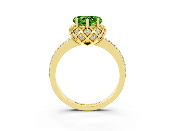 Yellow gold Heart Cut Peridot Scalloped Halo Engagement Ring with Round Shared Prong Band