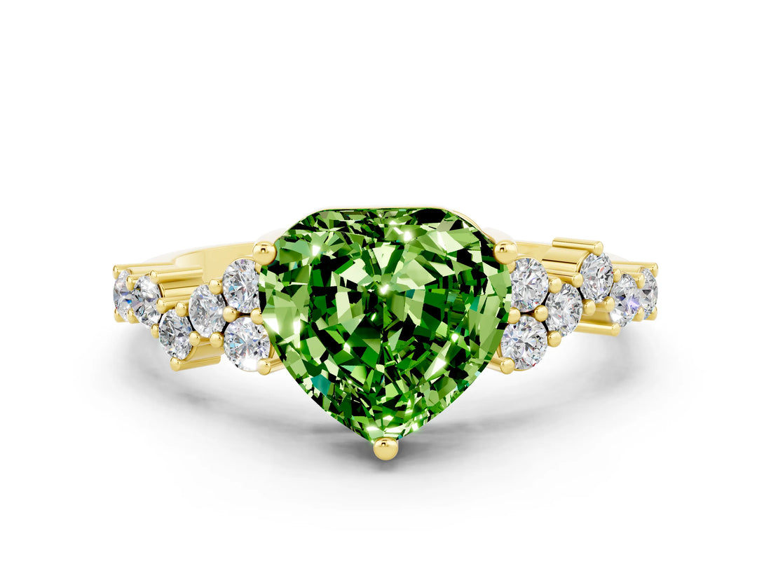 Yellow gold Heart Cut Peridot Scattered Round Accent Ring with Prong Setting_12