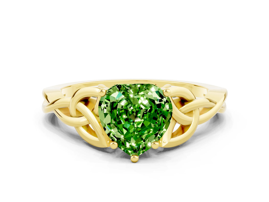 Yellow gold Heart Cut Peridot Solitaire Celtic Knot Ring with Four-Prong Setting_12