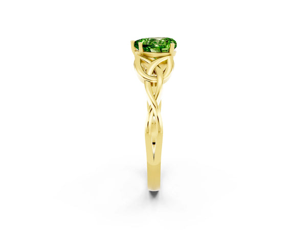 Yellow gold Heart Cut Peridot Solitaire Engagement Ring with Celtic Knot Band and Four-Prong Setting