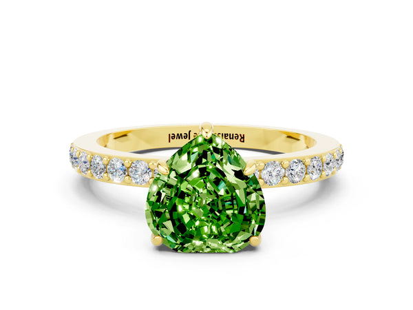 Yellow gold Heart Cut Peridot Solitaire Engagement Ring with Pavé Band and Four-Prong Setting