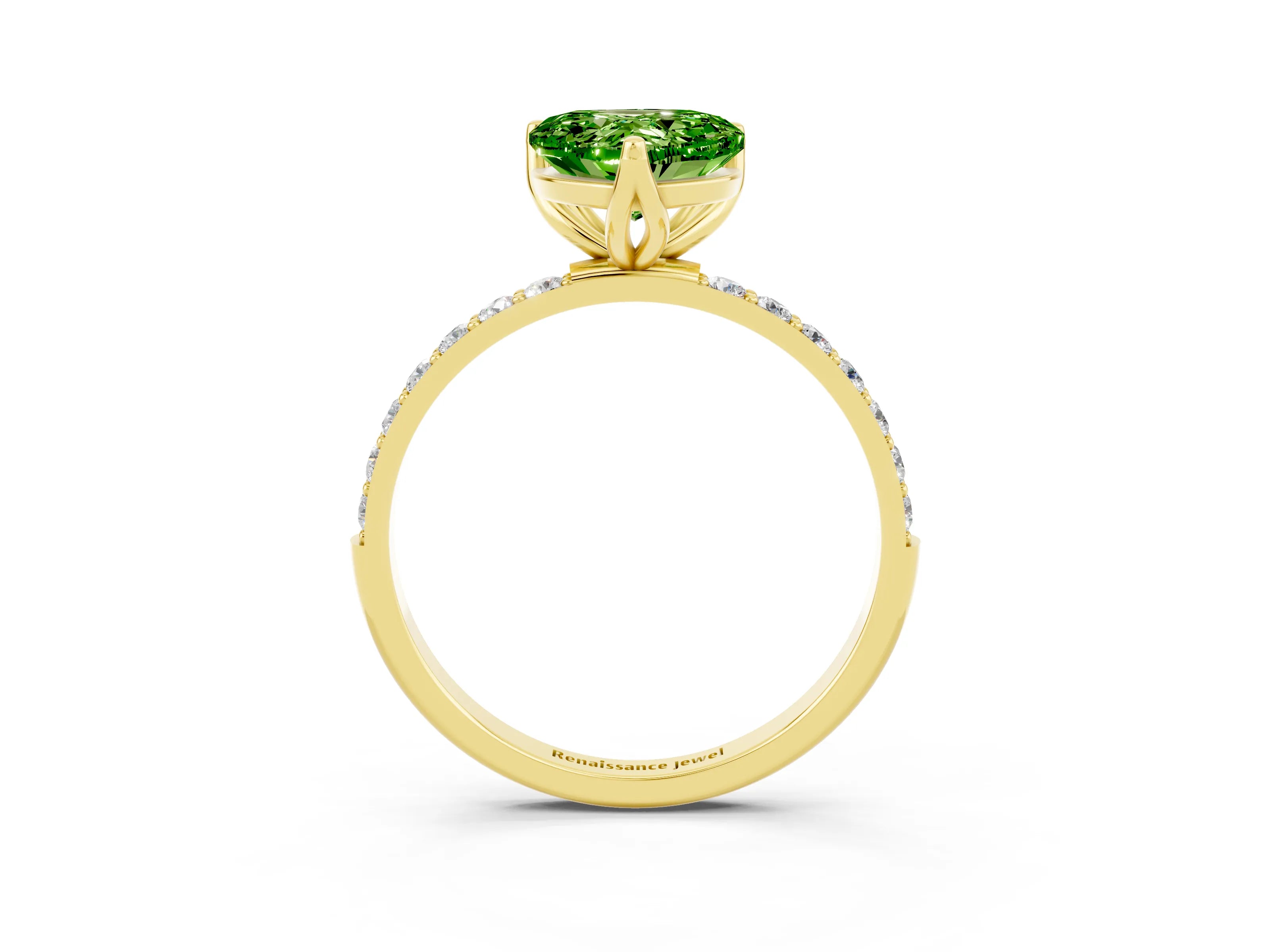Yellow gold Heart Cut Peridot Solitaire Engagement Ring with Pavé Band and Prong Setting_3