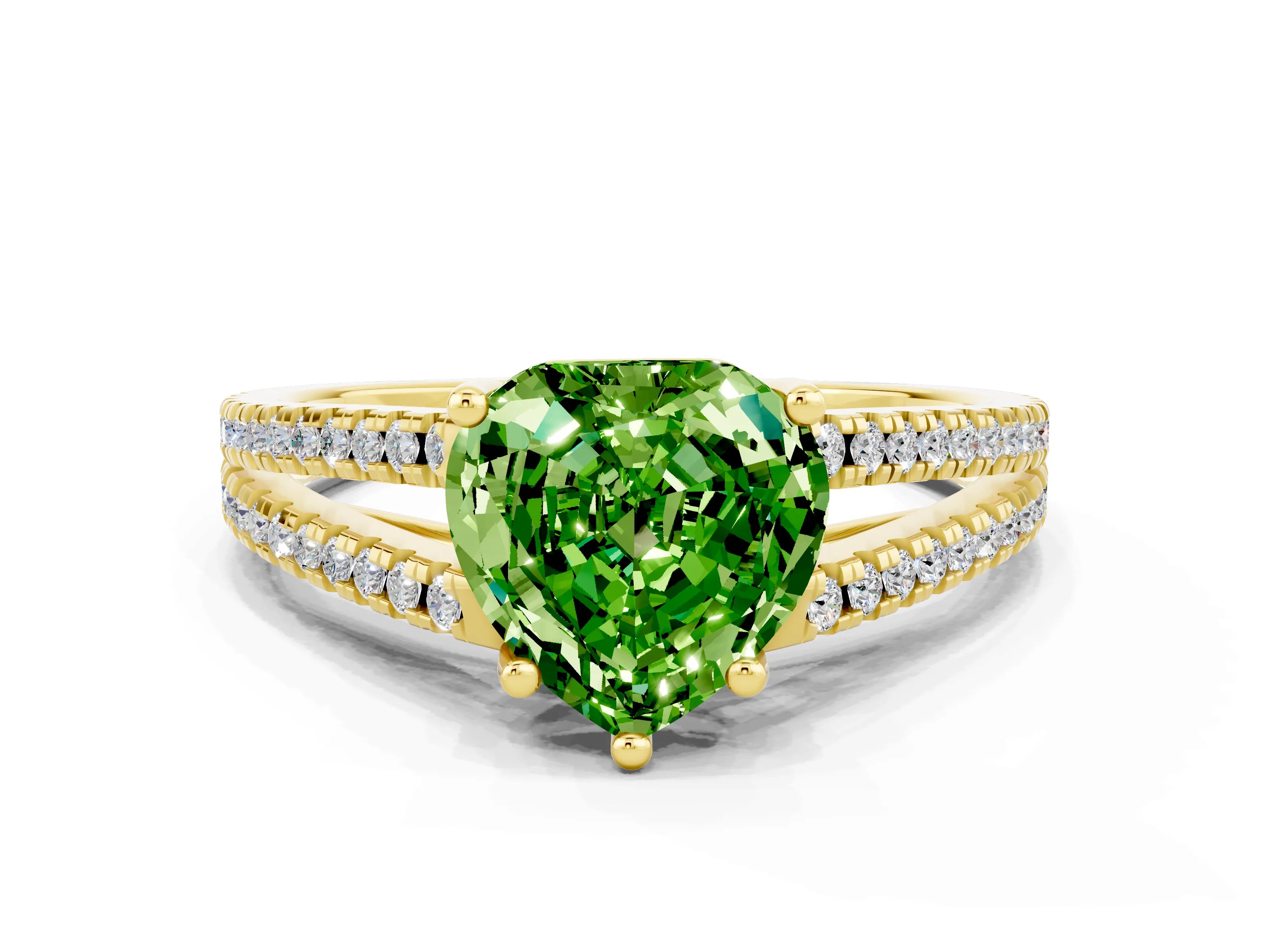 Yellow gold Heart Cut Peridot Solitaire Engagement Ring with Split Shank Pavé Band