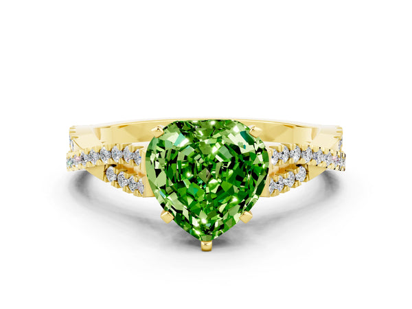 Yellow gold Heart Cut Peridot Solitaire Engagement Ring with Twisted Pavé Band and Four-Prong Setting
