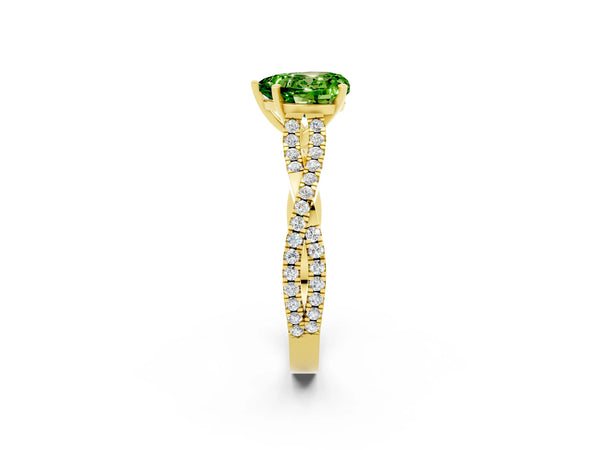 Yellow gold Heart Cut Peridot Solitaire Engagement Ring with Twisted Pavé Band and Four-Prong Setting