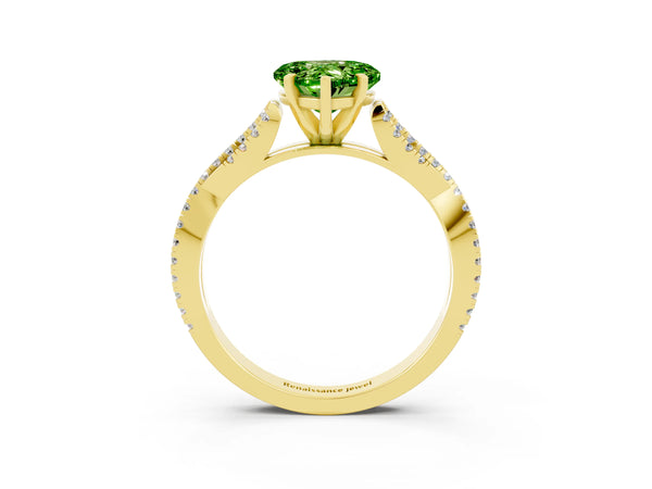 Yellow gold Heart Cut Peridot Solitaire Engagement Ring with Twisted Pavé Band and Four-Prong Setting