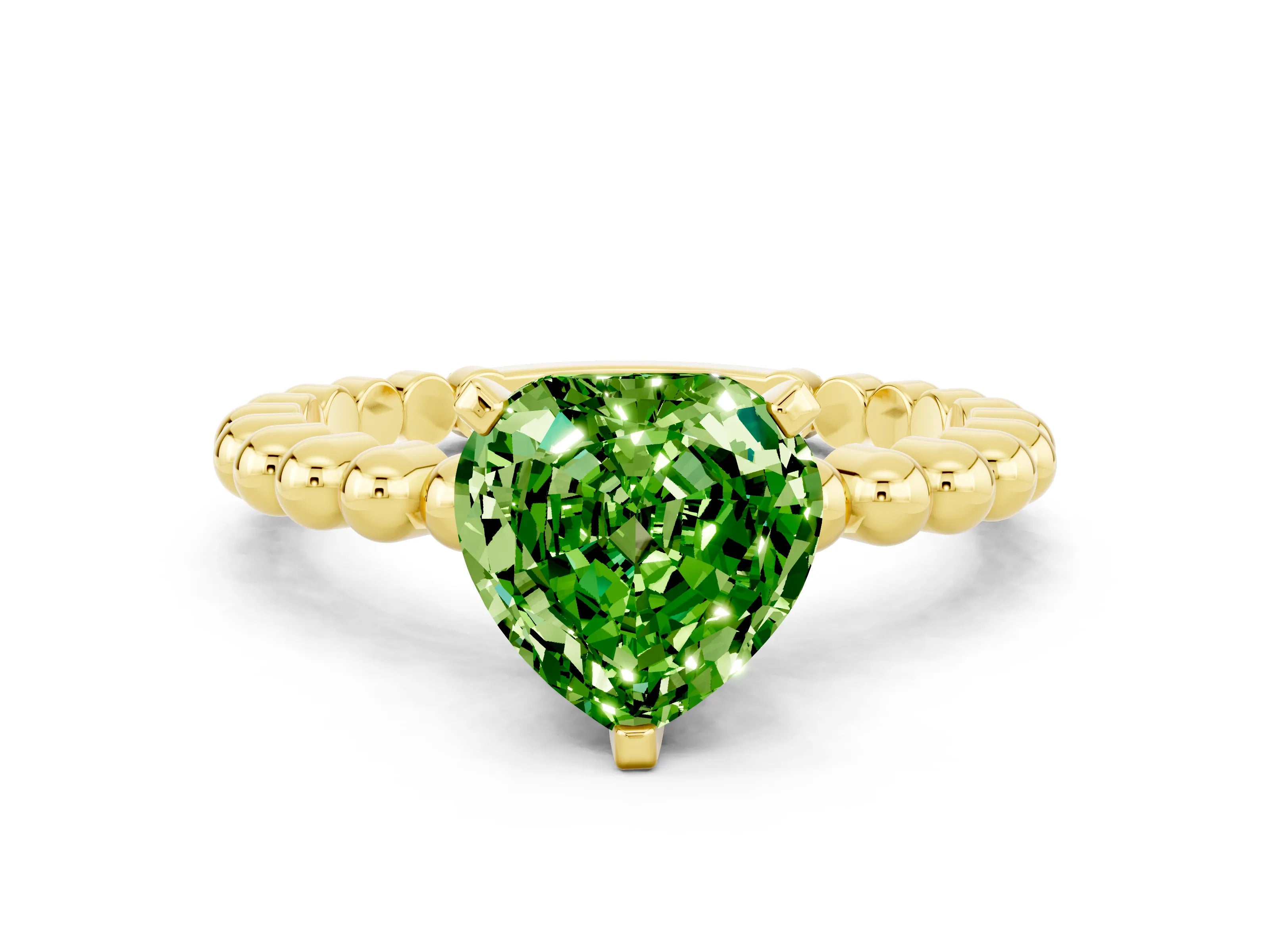 Yellow gold Heart Cut Peridot Solitaire Ring with Beaded Band and Prong Setting
