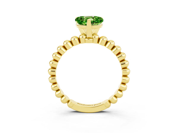 Yellow gold Heart Cut Peridot Solitaire Ring with Beaded Band and Prong Setting