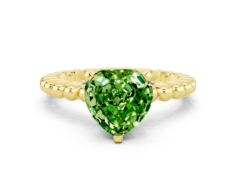 Yellow gold Heart Cut Peridot Solitaire Ring with Beaded Band and Prong Setting