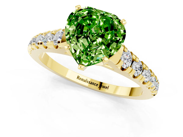 Yellow gold Heart Cut Peridot Cathedral Solitaire Ring with Round  Pavé Band