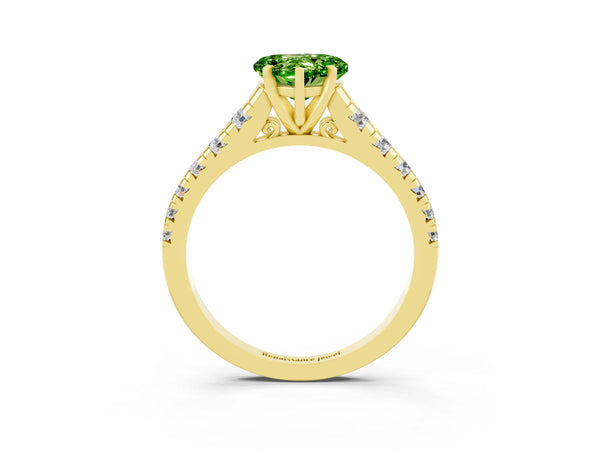 Yellow gold Heart Cut Peridot Cathedral Solitaire Ring with Round  Pavé Band