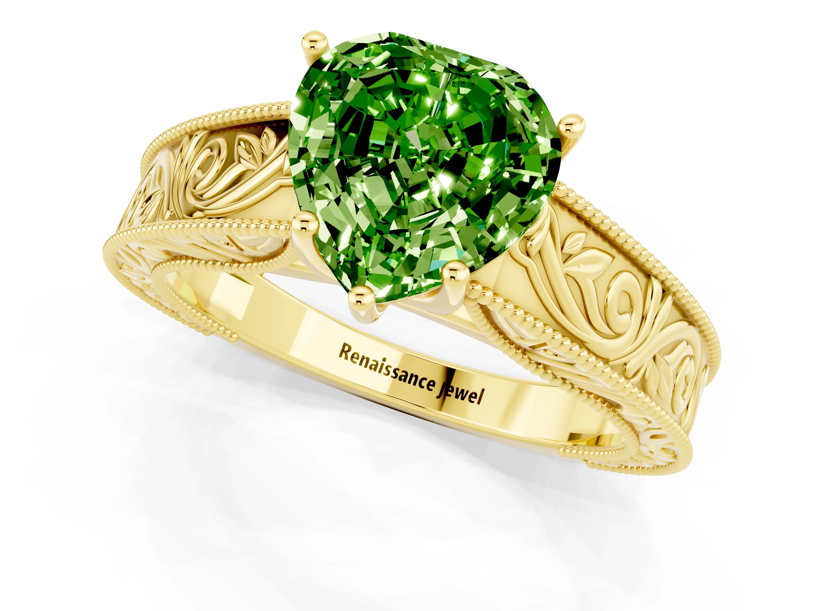 Yellow gold Heart Cut Peridot Solitaire Ring with Engraved Band and Four-Prong Setting_1
