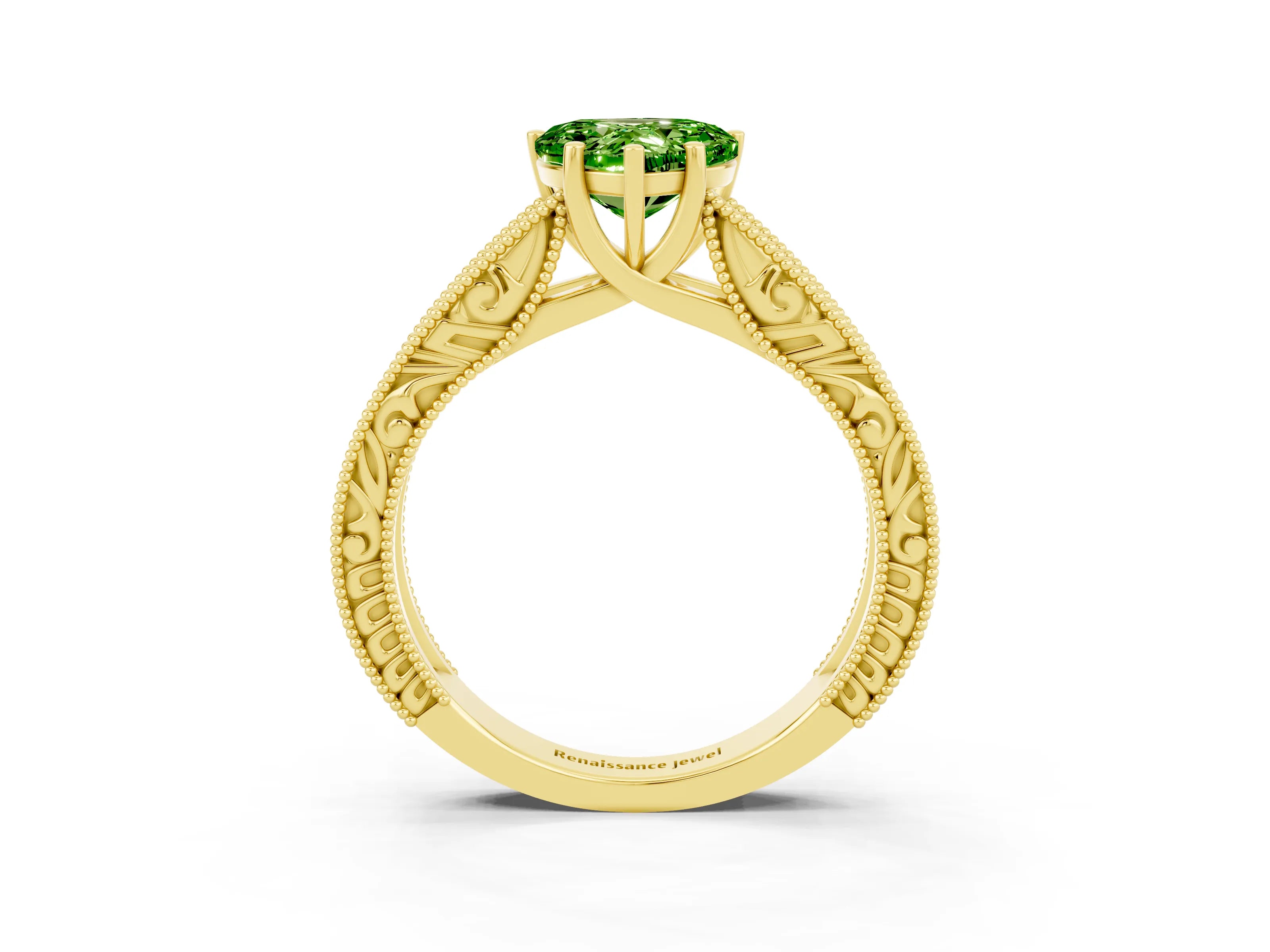 Yellow gold Heart Cut Peridot Solitaire Ring with Engraved Band and Four-Prong Setting_3