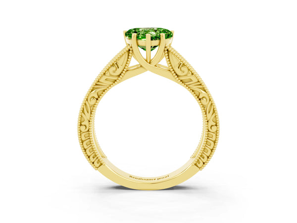 Yellow gold Heart Cut Peridot Solitaire Ring with Engraved Band and Four-Prong Setting
