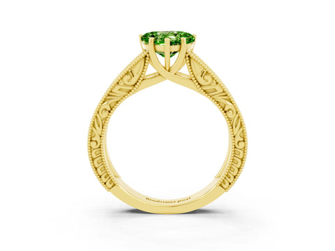 Yellow gold Heart Cut Peridot Solitaire Ring with Engraved Band and Four-Prong Setting_3