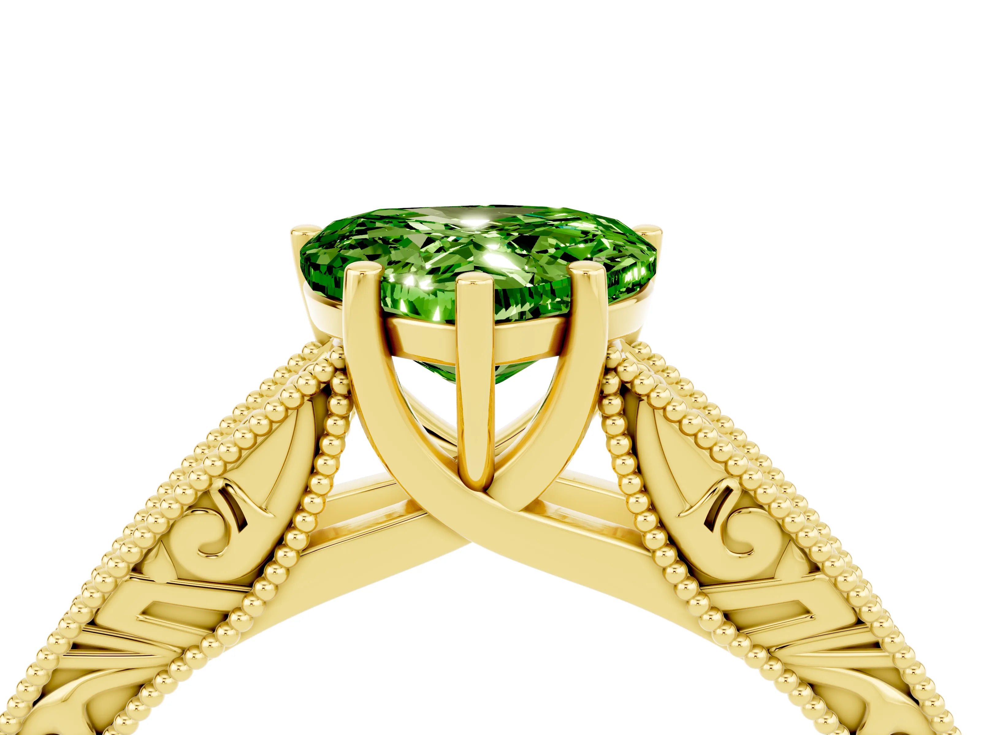Yellow gold Heart Cut Peridot Solitaire Ring with Engraved Band and Four-Prong Setting_4