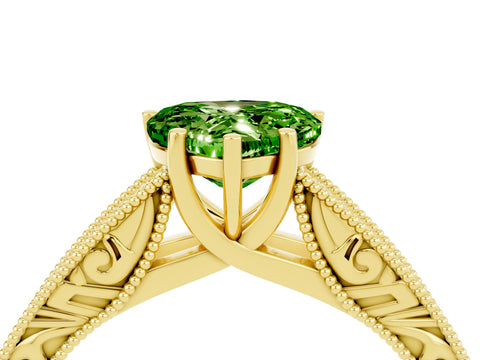 Yellow gold Heart Cut Peridot Solitaire Ring with Engraved Band and Four-Prong Setting_4
