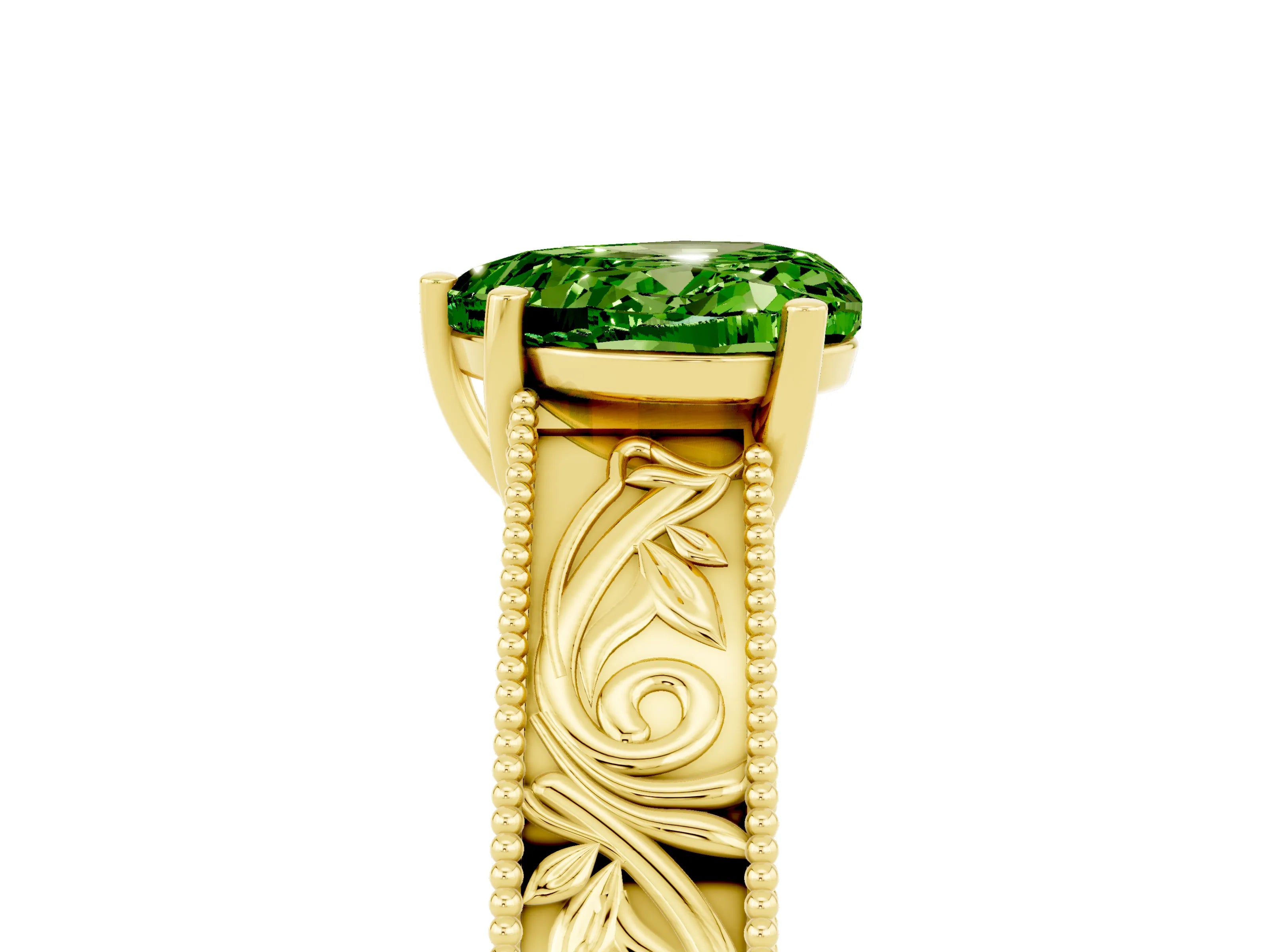 Yellow gold Heart Cut Peridot Solitaire Ring with Engraved Band and Four-Prong Setting_5