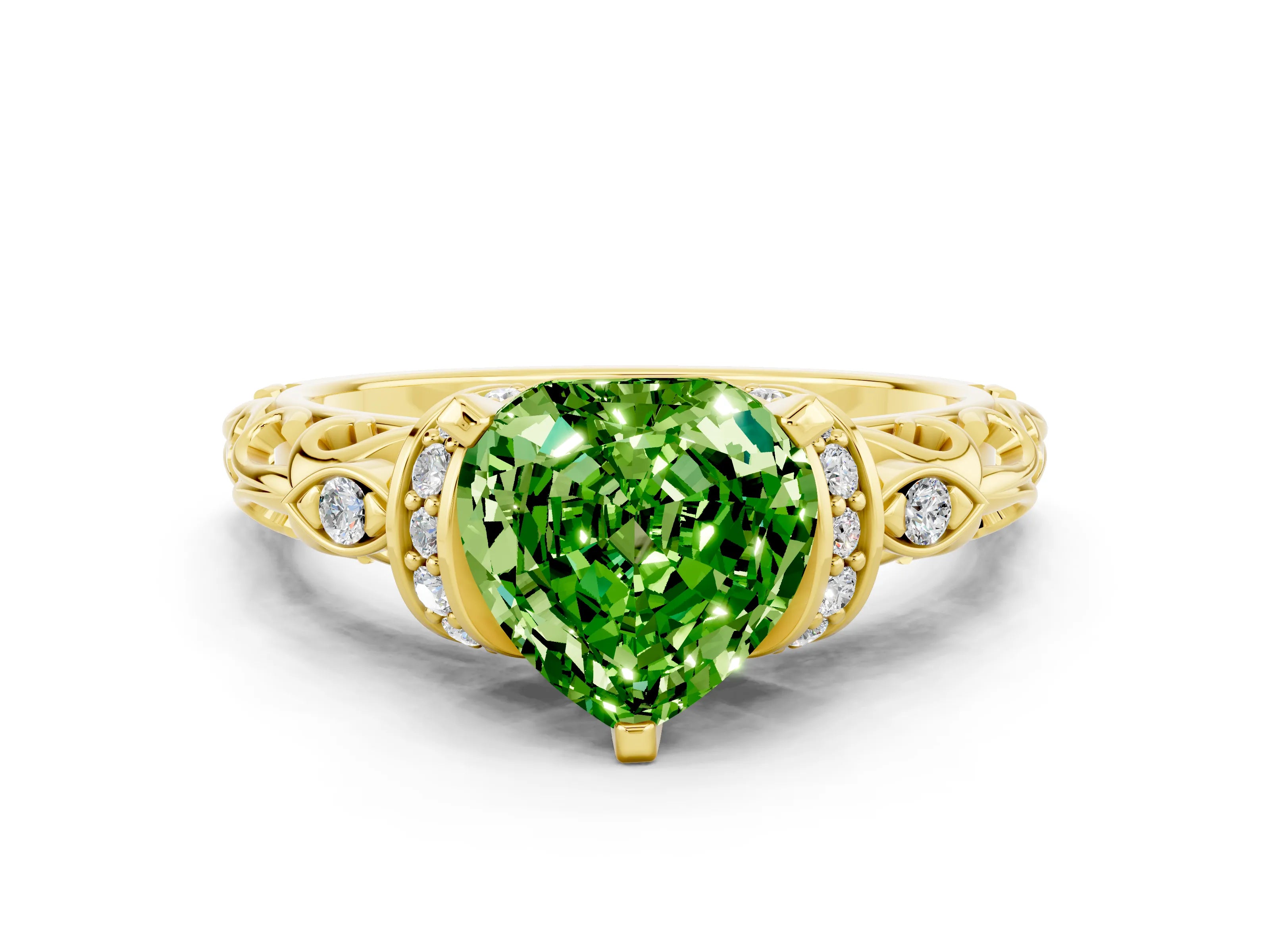 Yellow gold Heart Cut Peridot Solitaire Ring with Filigree Band and Four-Prong Setting_24