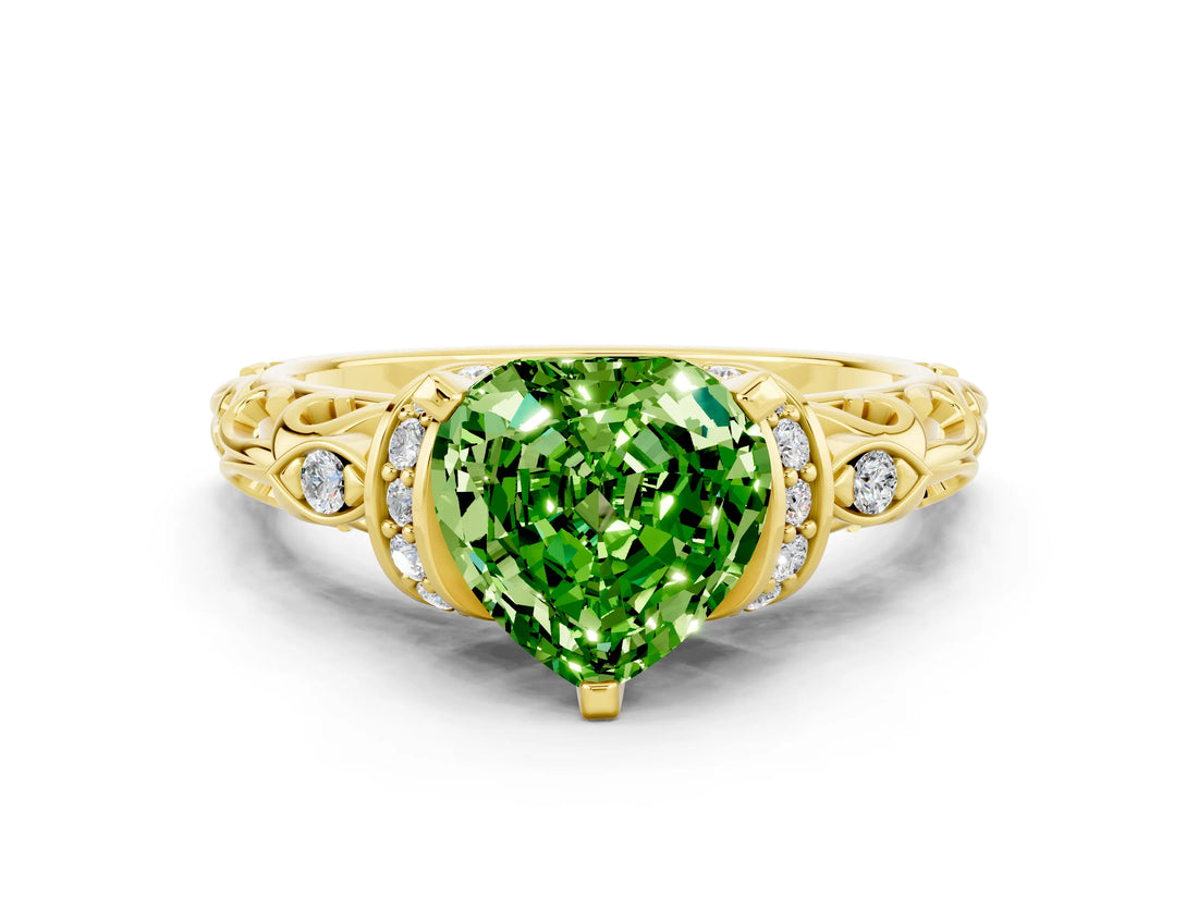 Yellow gold Heart Cut Peridot Solitaire Ring with Filigree Band and Four-Prong Setting_24