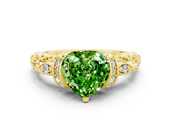 Yellow gold Heart Cut Peridot Solitaire Ring with Filigree Band and Four-Prong Setting