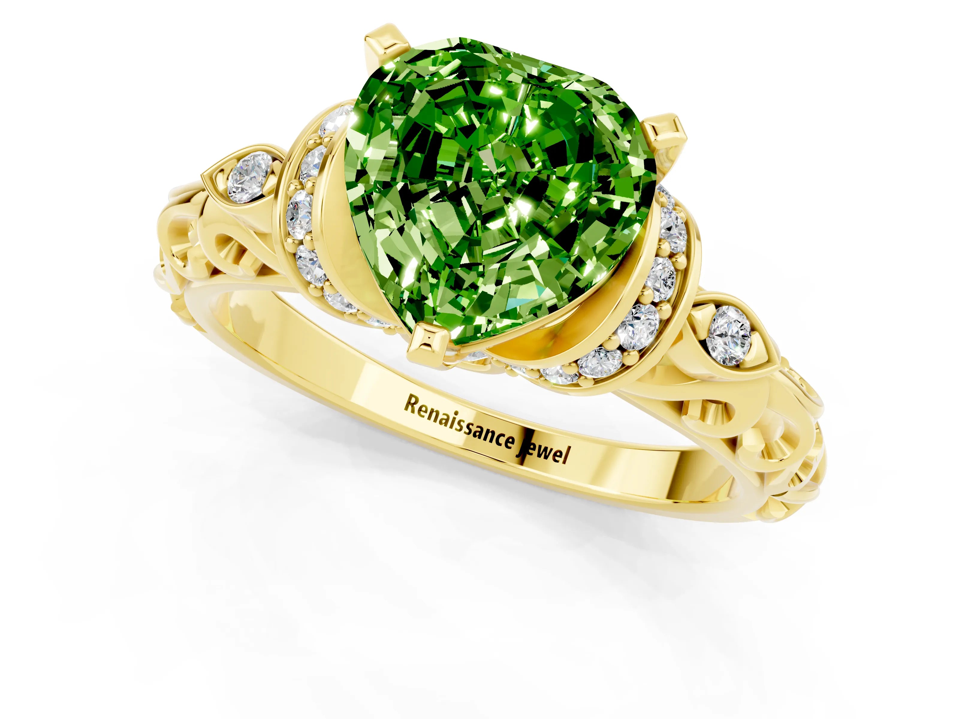 Yellow gold Heart Cut Peridot Solitaire Ring with Filigree Band and Four-Prong Setting_25