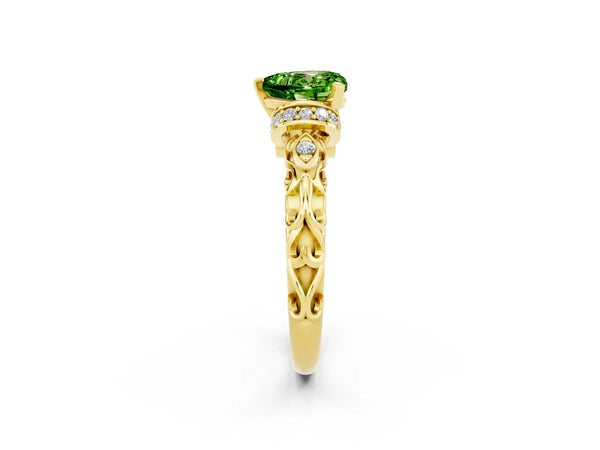 Yellow gold Heart Cut Peridot Solitaire Ring with Filigree Band and Four-Prong Setting