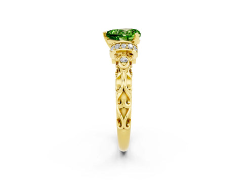 Yellow gold Heart Cut Peridot Solitaire Ring with Filigree Band and Four-Prong Setting_26