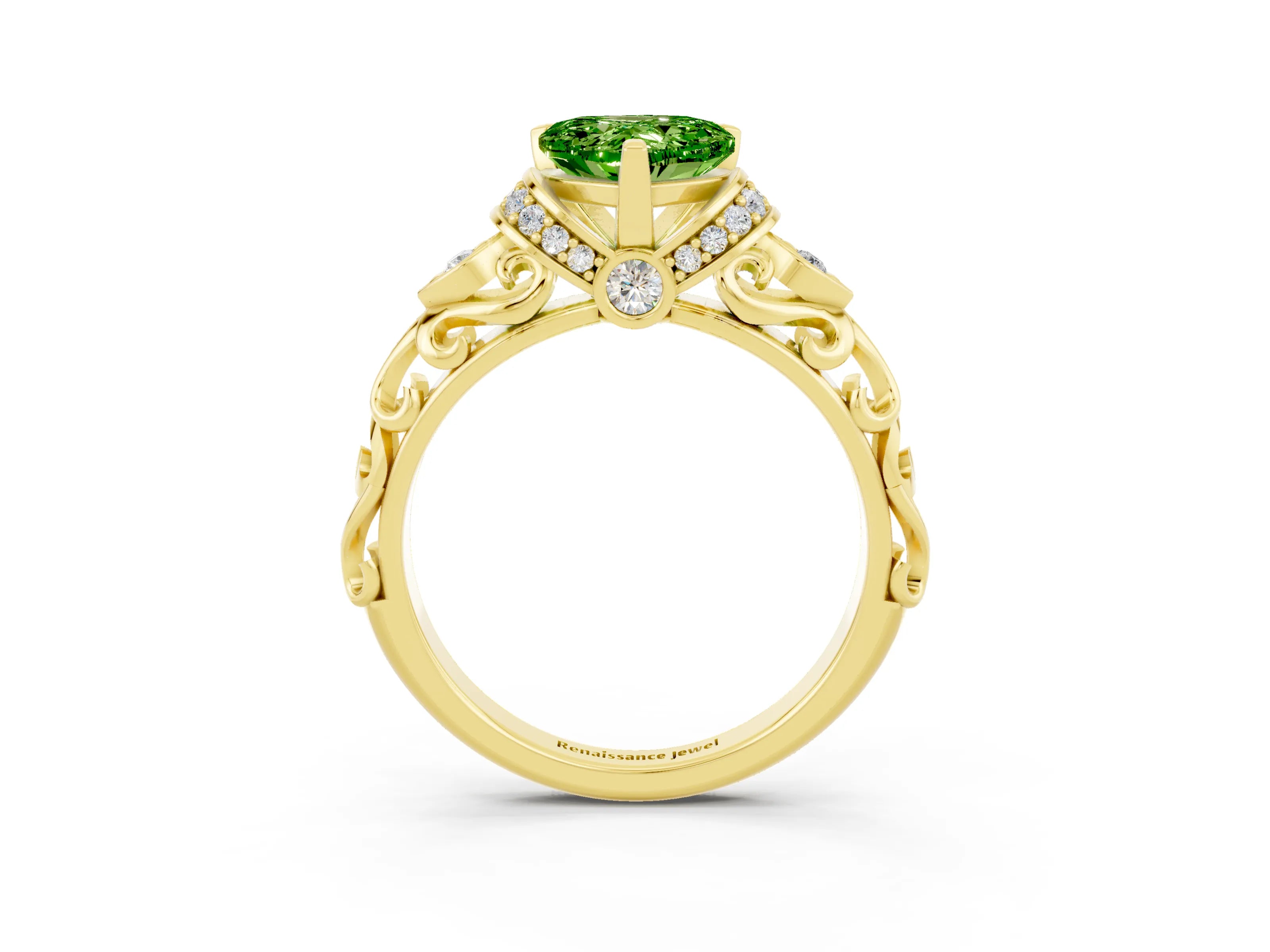 Yellow gold Heart Cut Peridot Solitaire Ring with Filigree Band and Four-Prong Setting_27