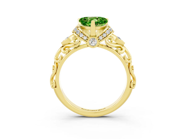Yellow gold Heart Cut Peridot Solitaire Ring with Filigree Band and Four-Prong Setting