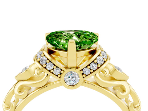 Yellow gold Heart Cut Peridot Solitaire Ring with Filigree Band and Four-Prong Setting_28